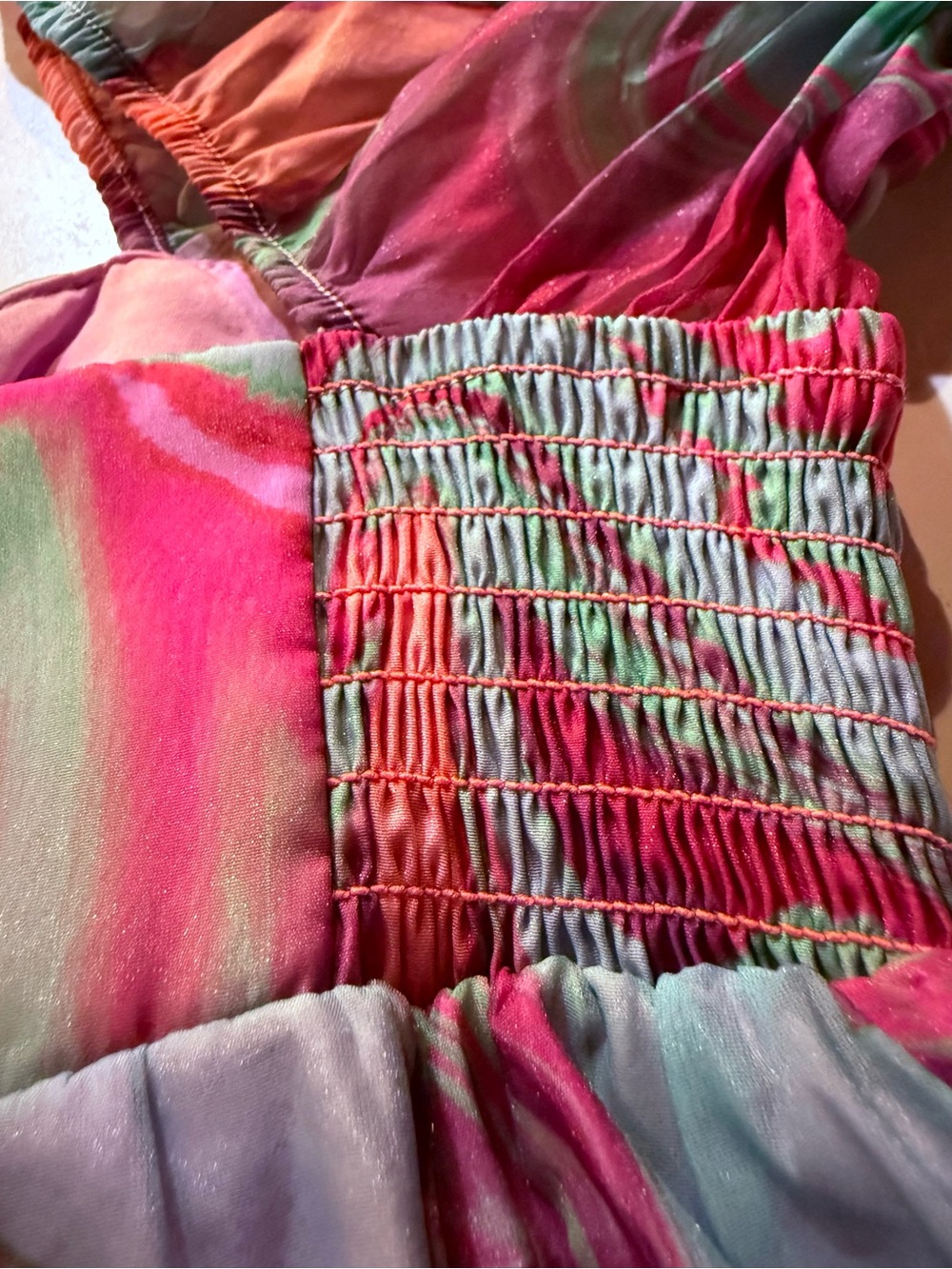 Amanda Uprichard Sicily Mini Dress Pink Blue Green Marble Print Puff Sleeves - Picture 6 of 6